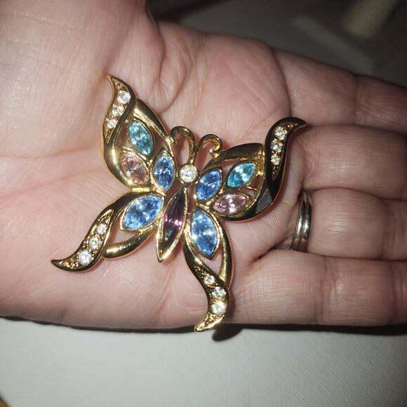 VINTAGE GOLDTONE BLUE RHINESTONE BUTTERFLY BROOCH PIN - Picture 4 of 4